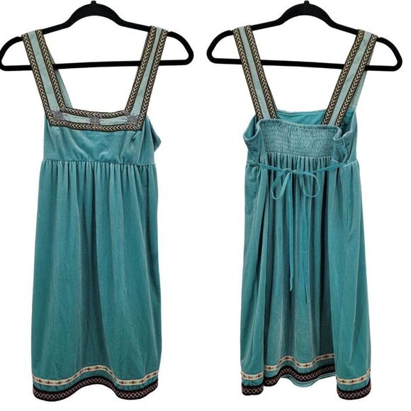 Free People Dress XS Teal Blue Velour Mini Square Neckline Smocked Ribbon Trim - Picture 1 of 10